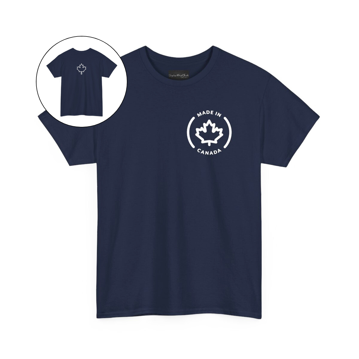 On the front of this custom short sleeve shirt is a circle on the upper left chest of the shirt with the words Made In Canada with a maple leaf in the middle, on the back of the shirt is a maple leaf right in between the shoulder blades.