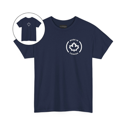 On the front of this custom short sleeve shirt is a circle on the upper left chest of the shirt with the words Made In Canada with a maple leaf in the middle, on the back of the shirt is a maple leaf right in between the shoulder blades.