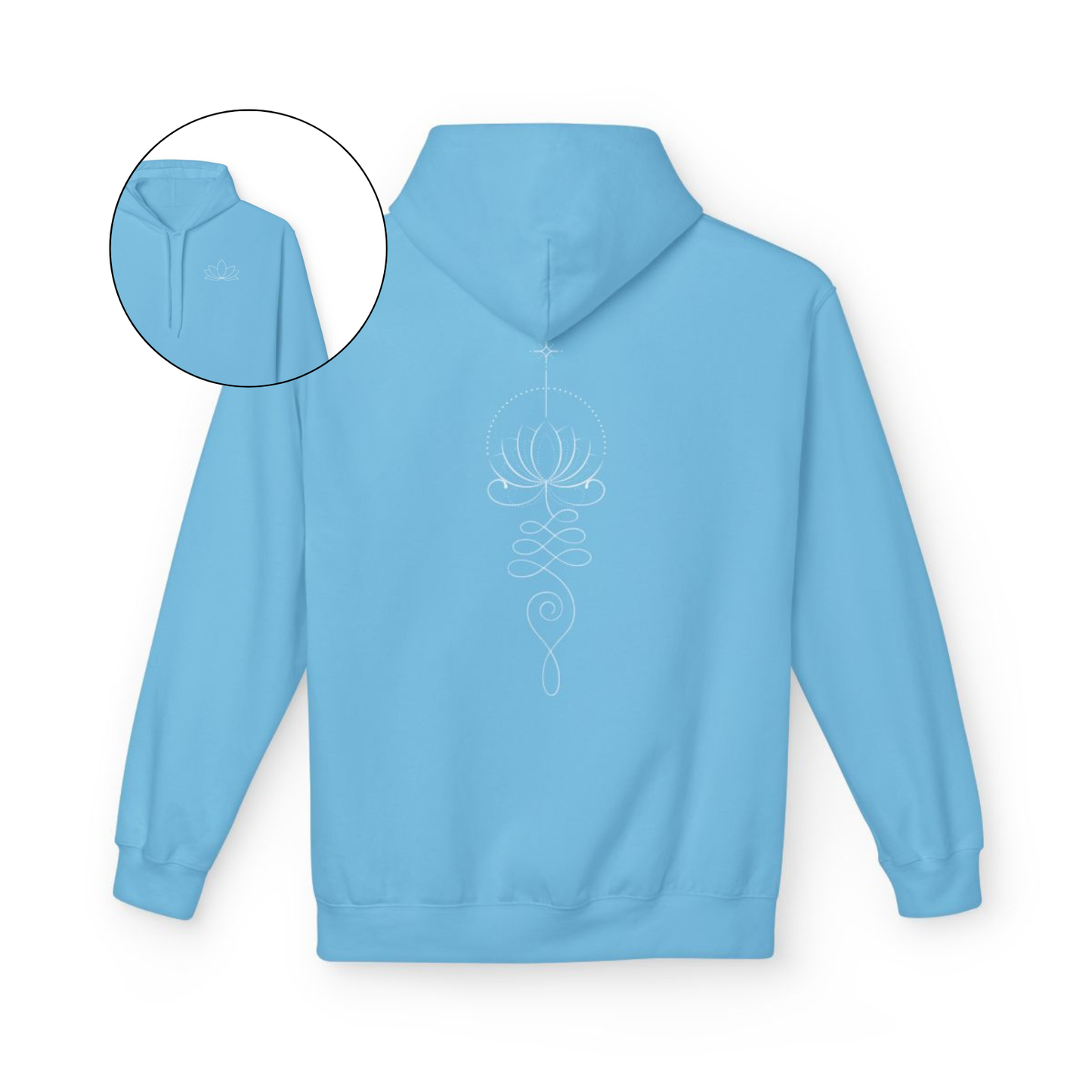 On the back of this custom women's hoodie is a unalome design with a lotus flower in the center of it, the design takes up the entire back of the hoodie from the top to the bottom, on the from of the hoodie, over the left chest is a image of a lotus flower.