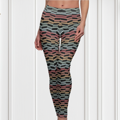 Custom women's leggings with rows of pastel red, yellow and blue from the top to the bottom of the leggings, there is a black abstract pattern overtop of the colors giving the leggings a 3D look.