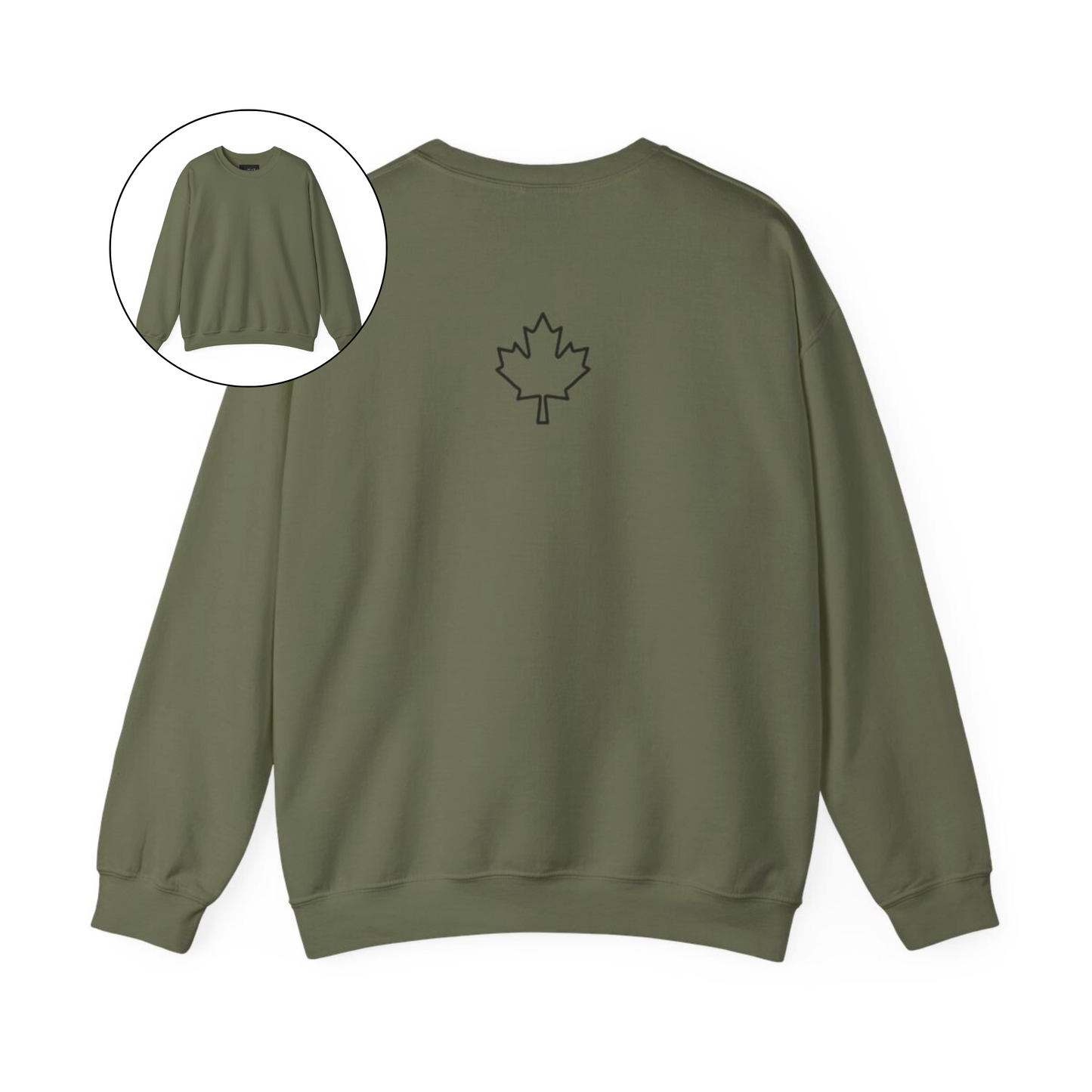 On the back of this custom Canadian pullover sweatshirt is a maple leaf that is right in between the shoulder blades, the front of the sweater is blank.