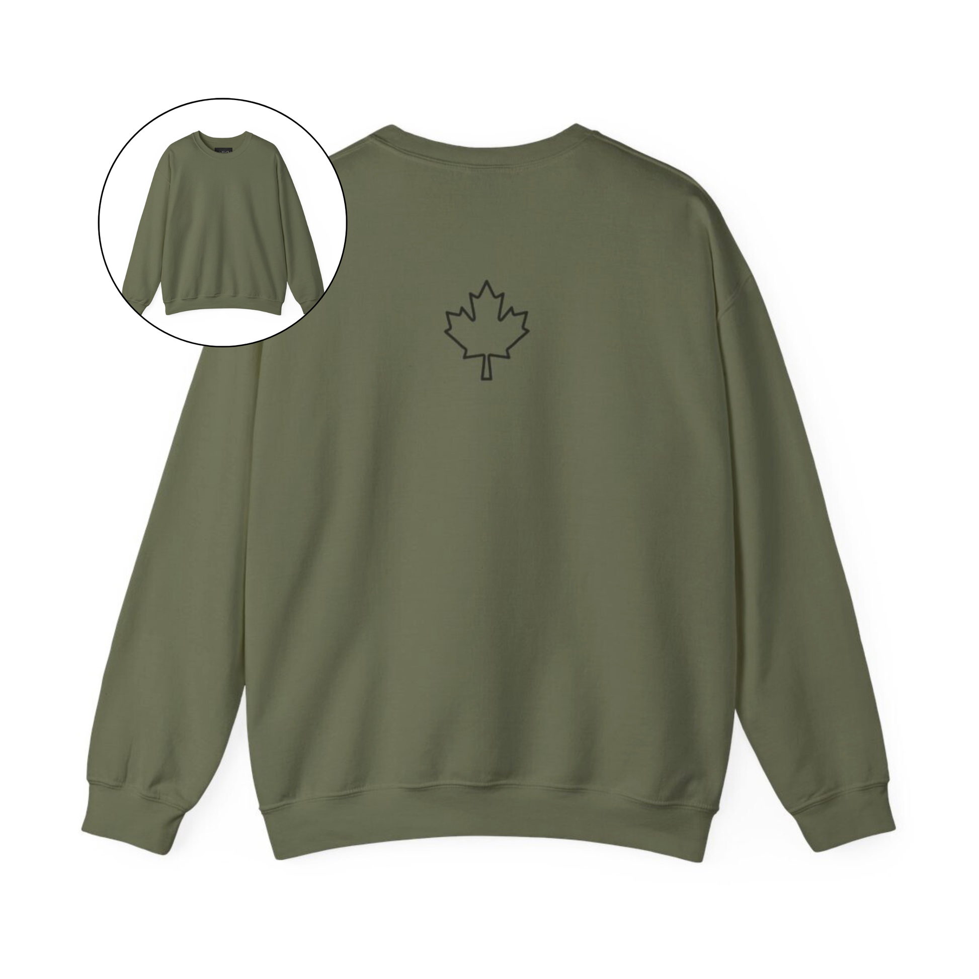 On the back of this custom Canadian pullover sweatshirt is a maple leaf that is right in between the shoulder blades, the front of the sweater is blank.