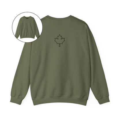 On the back of this custom Canadian pullover sweatshirt is a maple leaf that is right in between the shoulder blades, the front of the sweater is blank.