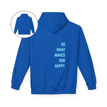 On the back of this Christian hoodie along the right side are the words Do what makes God Happy, every different color of hoodie has a different color of font.