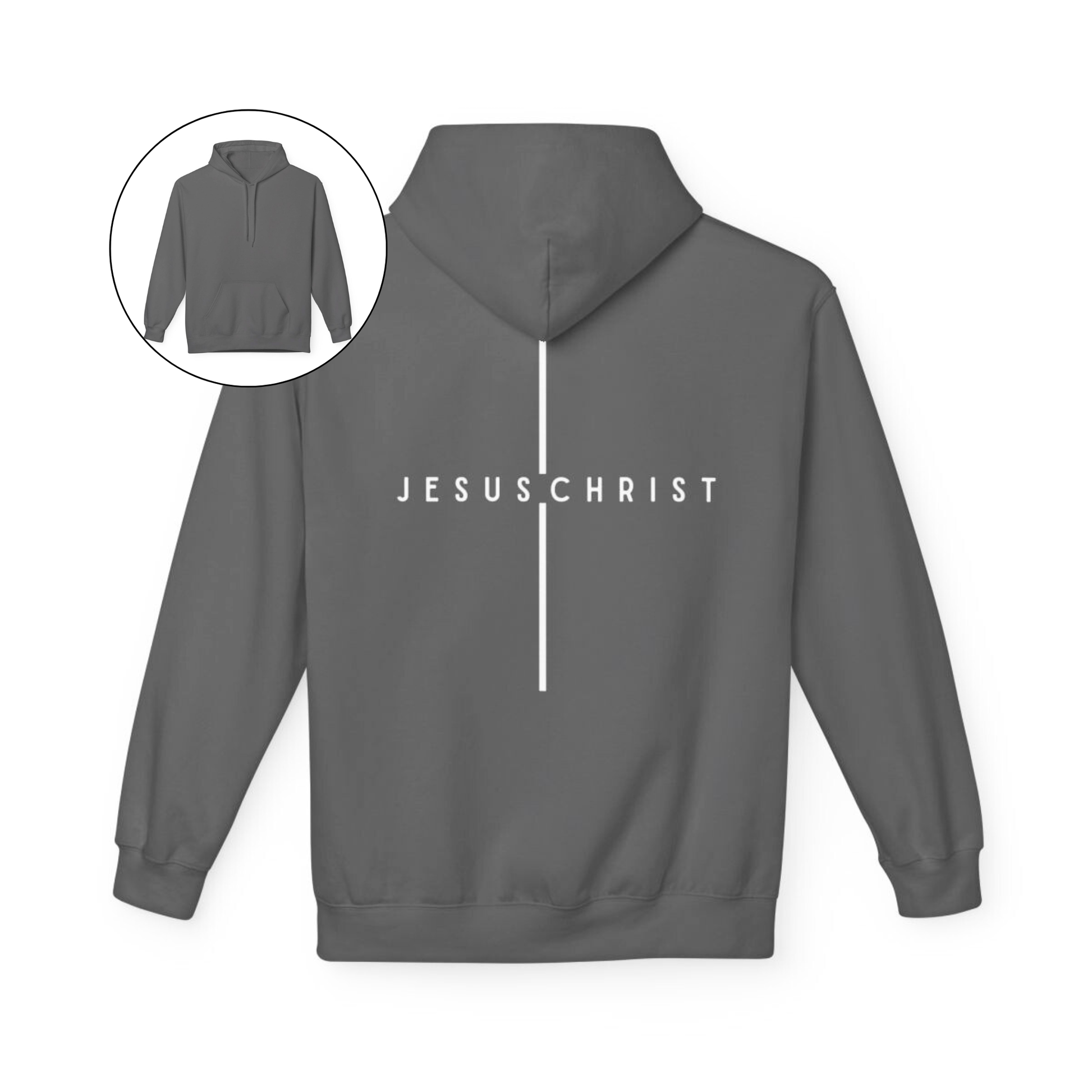 On the back of this custom Christian hoodie is the name Jesus Christ with a line above and below the name making it look like a cross.