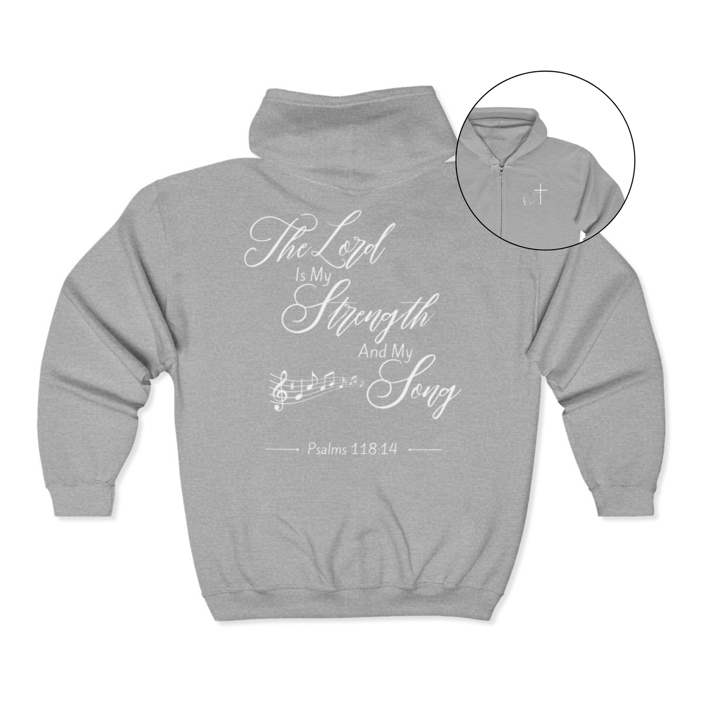 On the front of this custom Christian zip up sweater is a Jesus cross with music notes on the right chest, on the back of the sweater is the scripture the Lord is my strength and my song Psalms 118:14 with music notes underneath the writing.
