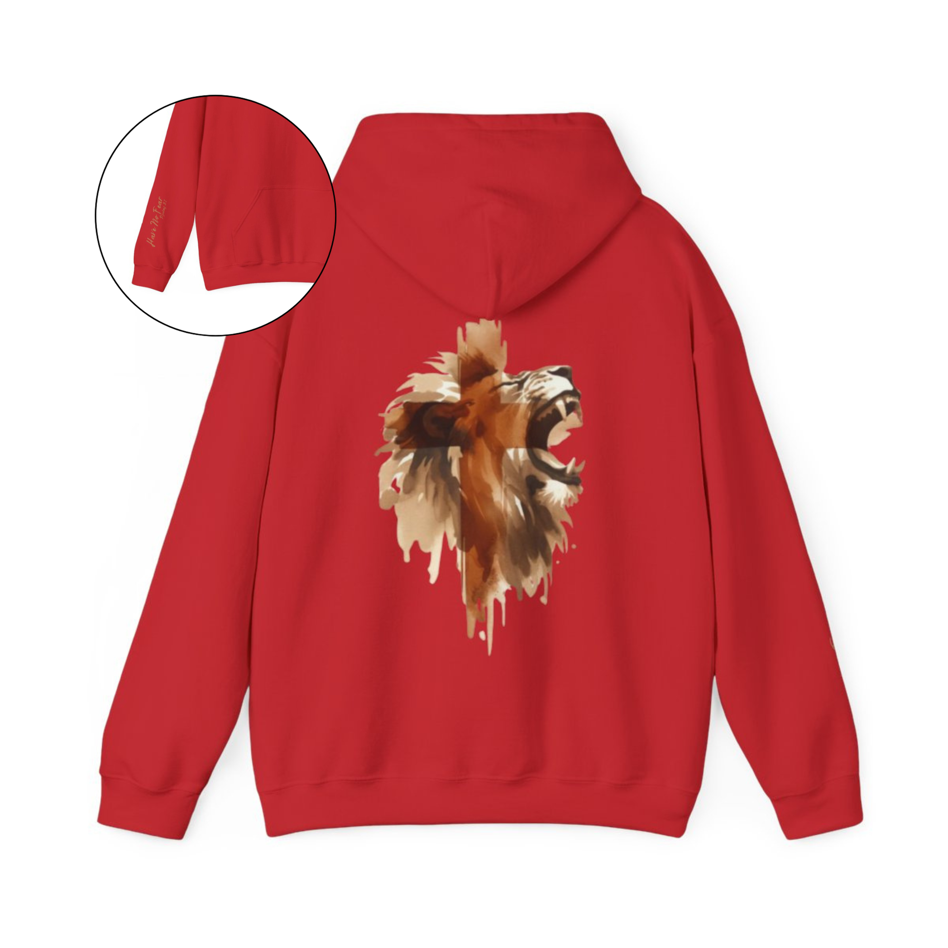 This custom Christian unisex hoodie features a image of a majestic male lion roaring with a Jesus cross overlayed overtop of the lion on the back of the hoodie, the bible verse Have No Fear Psalms 27:1 is on the right sleeve in gold cursive font.