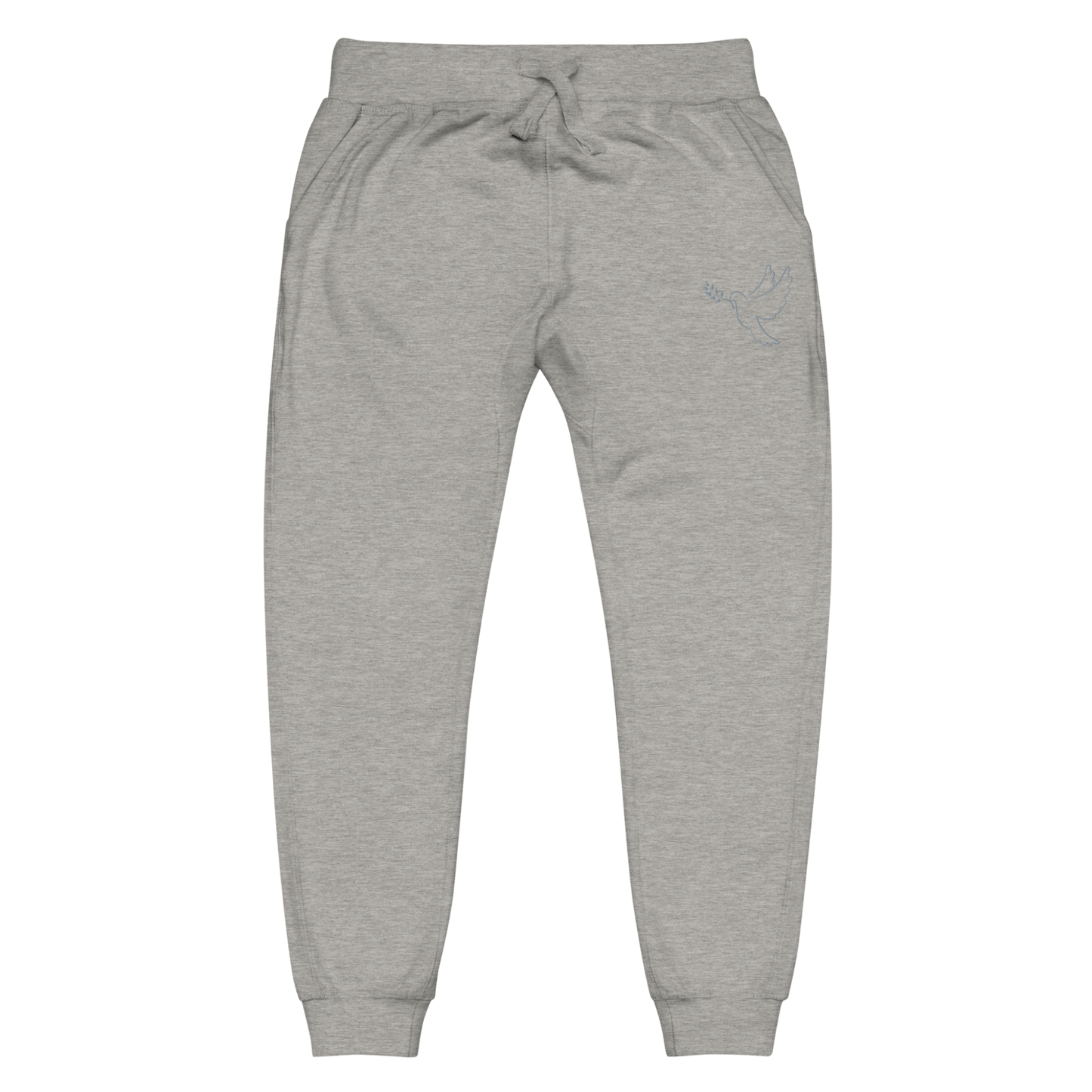 A pair of super soft ankle length unisex Christian sweatpants, there are two pockets on the front and one pocket on the back right, on the front left pocket  there is an embroidered dove with a fig leaf in silver thread.