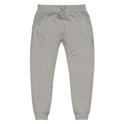 A pair of super soft ankle length unisex Christian sweatpants, there are two pockets on the front and one pocket on the back right, on the front left pocket  there is an embroidered dove with a fig leaf in silver thread.