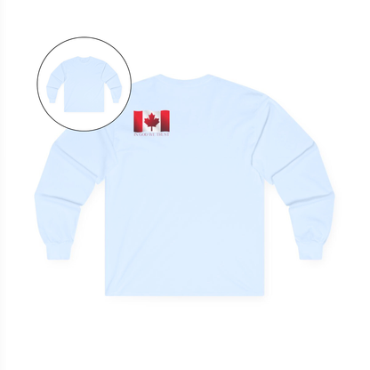 On the back left shoulder blade of this unisex long sleeve shirt is a red Canadian flag that has the words In God We trust underneath the flag, perfect for those wishing to represent God and their country.