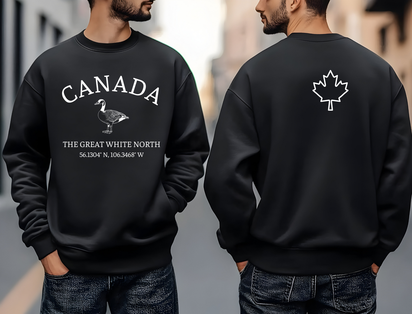 On the front of this unisex super soft Canadian sweatshirt is the word Canada in large text on the top with an image of a Canadian Goose underneath. Under the Goose are the words The Great White North with Canada's geological location under that.