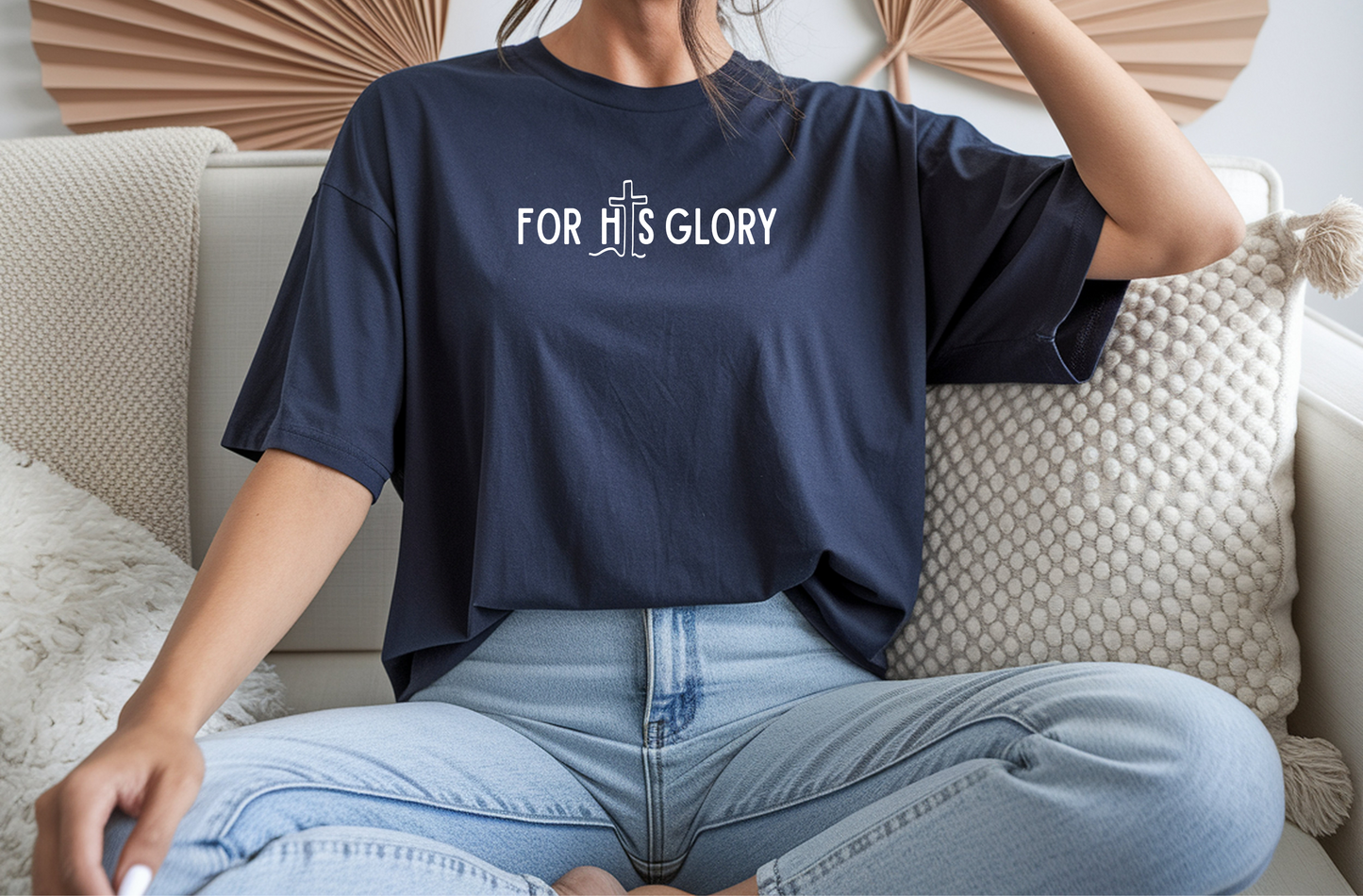 On the front of this super soft Christian unisex short sleeve shirt it says For His Glory with the letter I in the word His being a Jesus Cross.