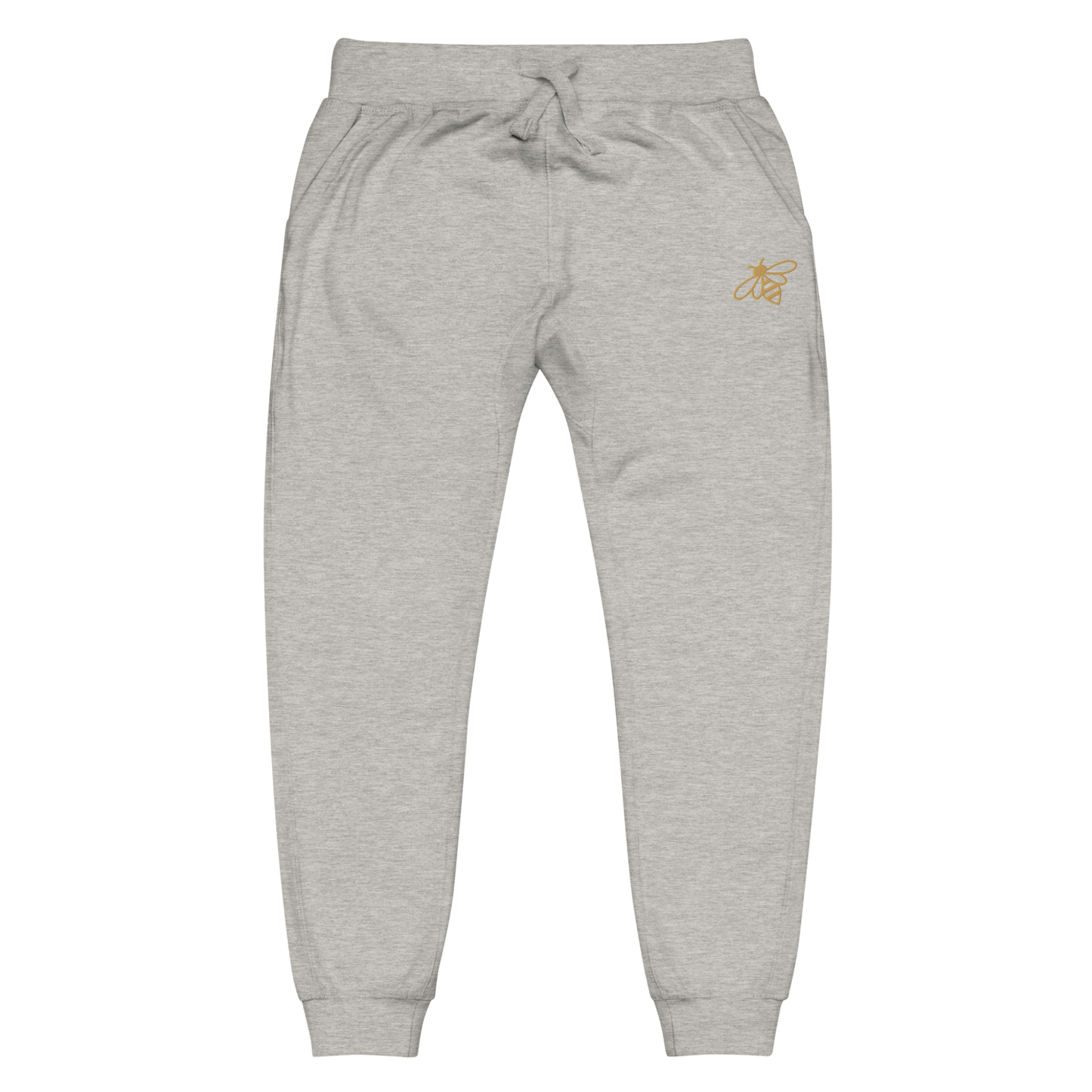 A pair of super soft fleece unisex sweatpants with a bumble bee embroidered in gold over the left front pocket of the pants.