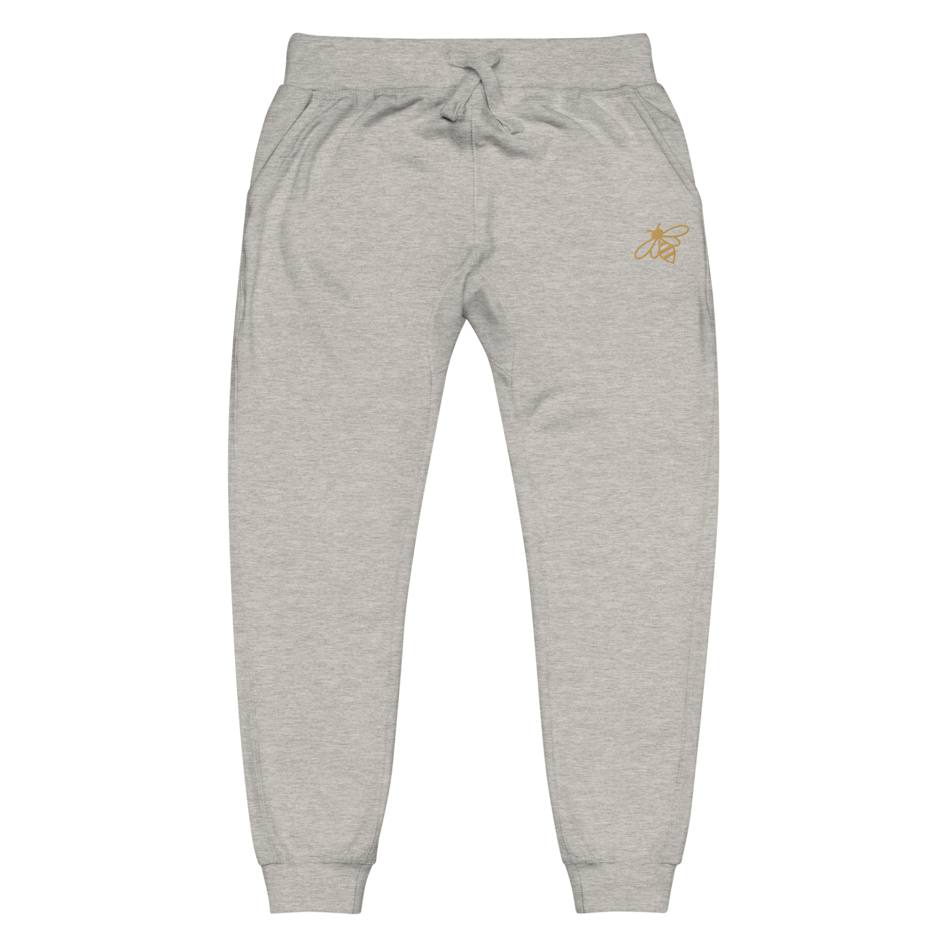 A pair of super soft fleece unisex sweatpants with a bumble bee embroidered in gold over the left front pocket of the pants.