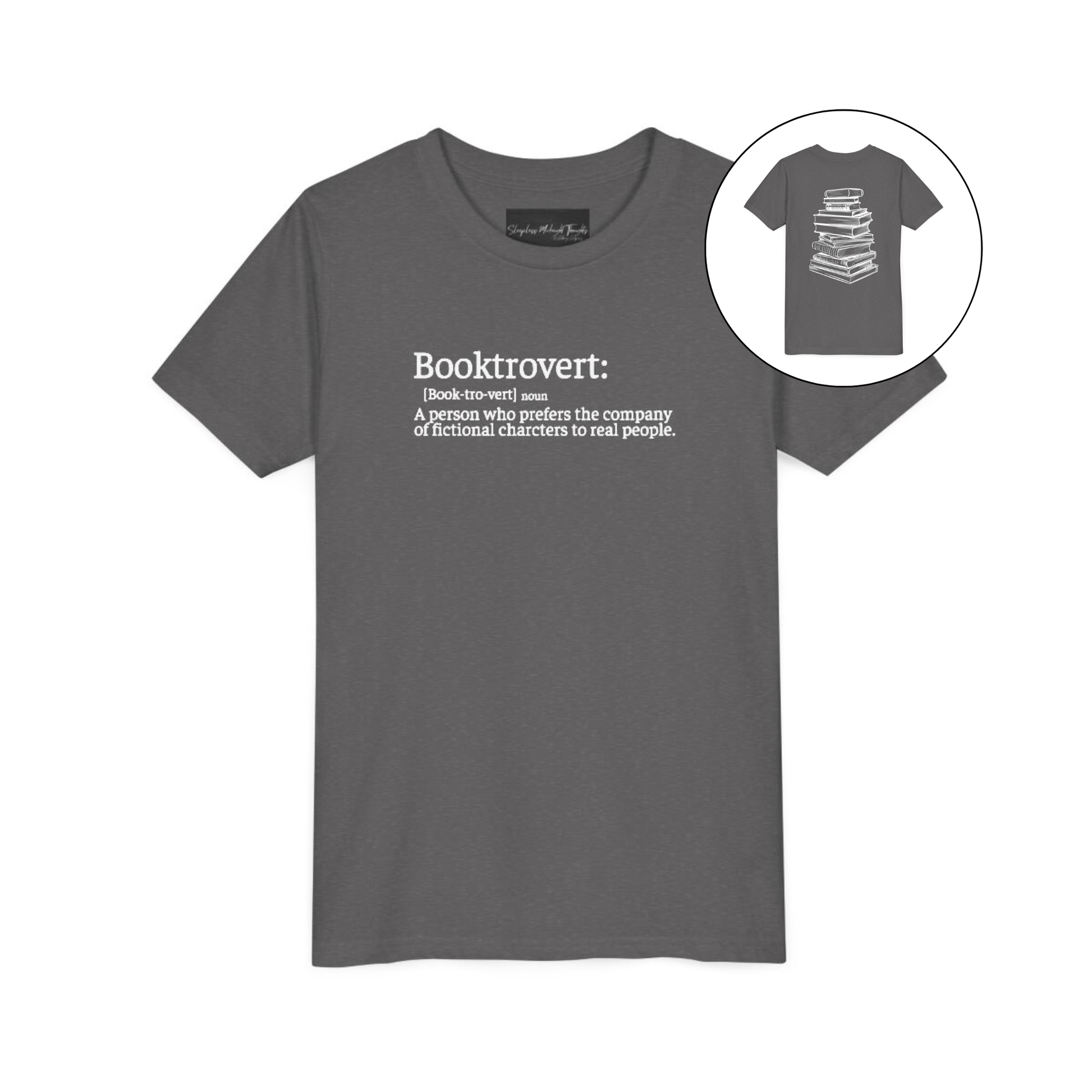 On the front of this custom youth t-shirt it says the word Booktrovert in large letter with the meaning of the words underneath it, on the back of the shirt is an image of a large stack of books.