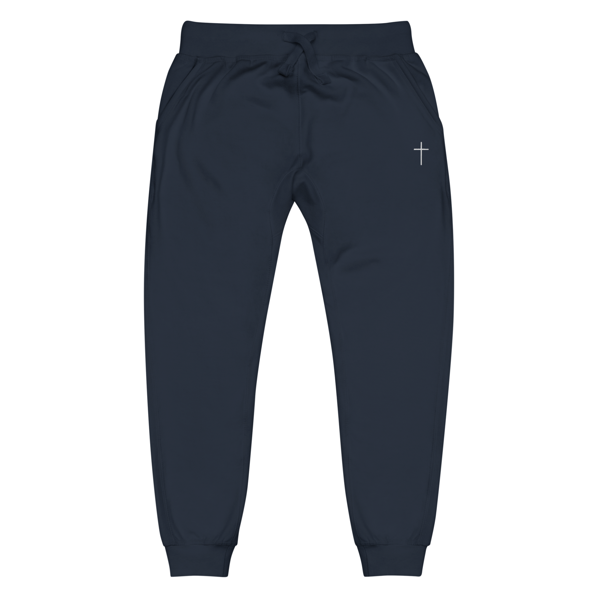 A pair of super soft ankle length Christian unisex sweatpants, there are two pockets on the front and one pocket on the back right, on the front left pocket is a embroidered white cross.