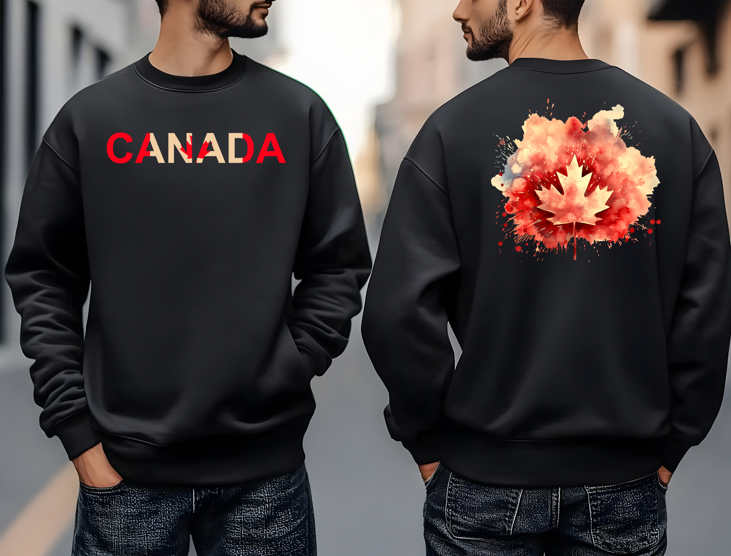 On the front of this Canadian pride pullover sweater is Canada in red and beige letters with a maple leaf in the middle, on the back of the sweater is a large maple leaf that looks like it has been spray painted onto the sweater in red and beige.