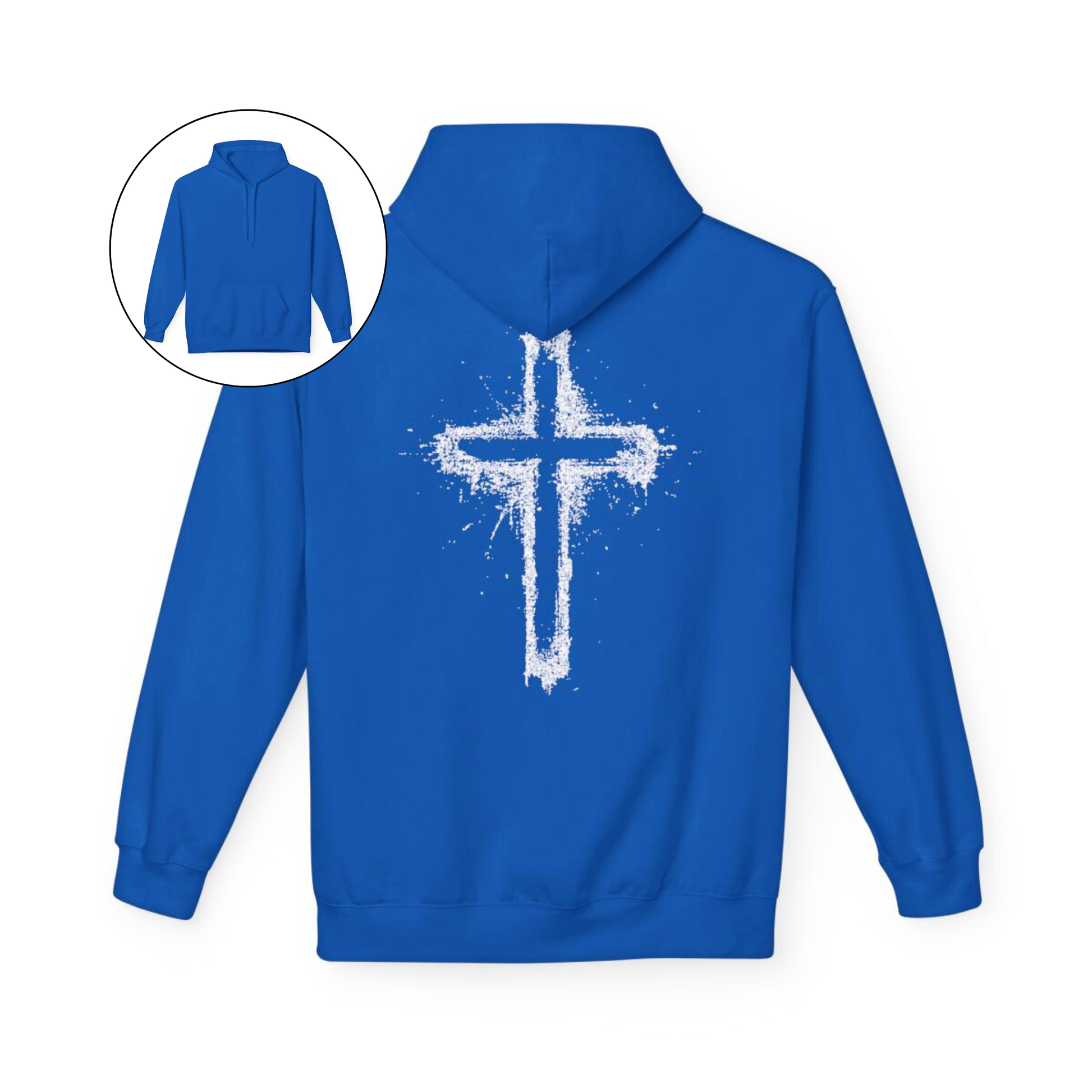 On the back of this Christian hoodie is a large spray painted Jesus cross that takes up the entire back of the sweater.