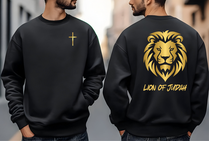 On the front of this custom Christian sweater is a gold Jesus cross on the front left chest, on the back of the pullover is a large gold male lion head with the words Lion of Judah in gold underneath the animal head.