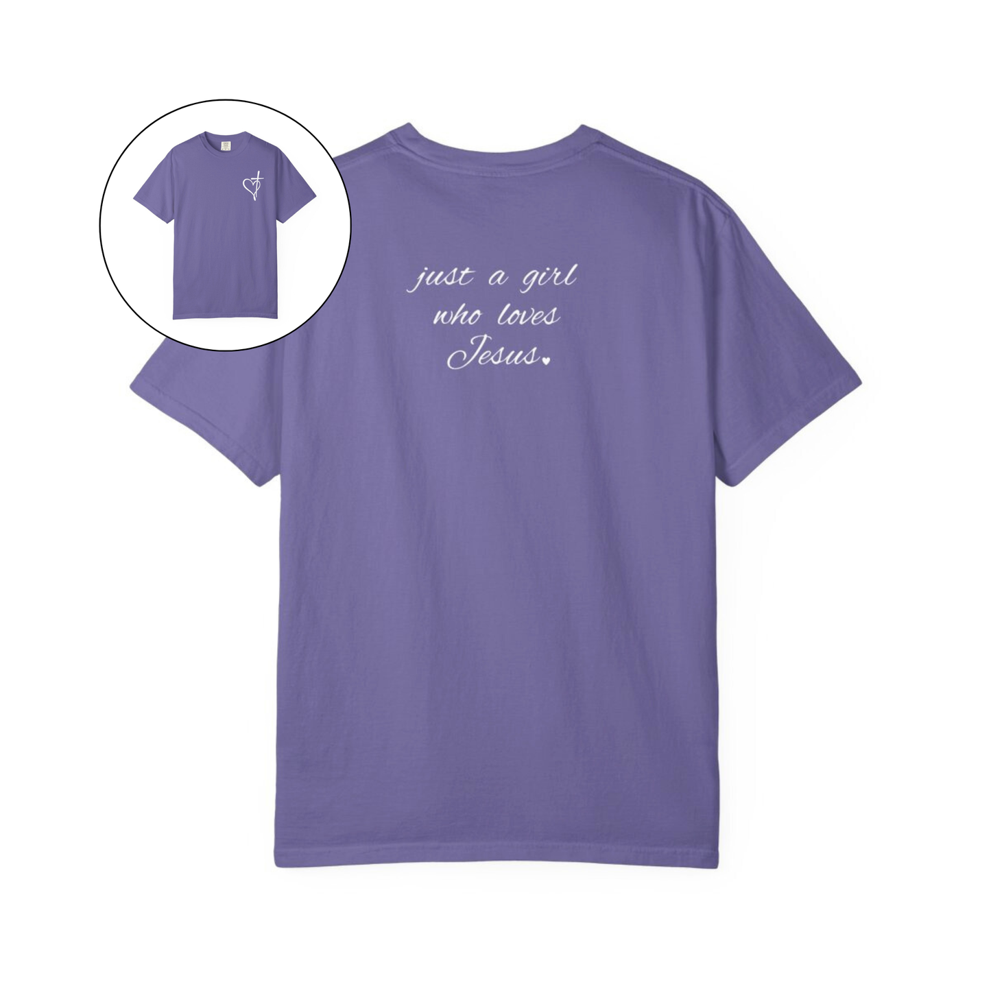 On the front of this custom women's Christian t-shirt is a heart with a cross through it, on the back top of the shirt right between the shoulder blades are the words just a girl who loves Jesus in a cursive writing.