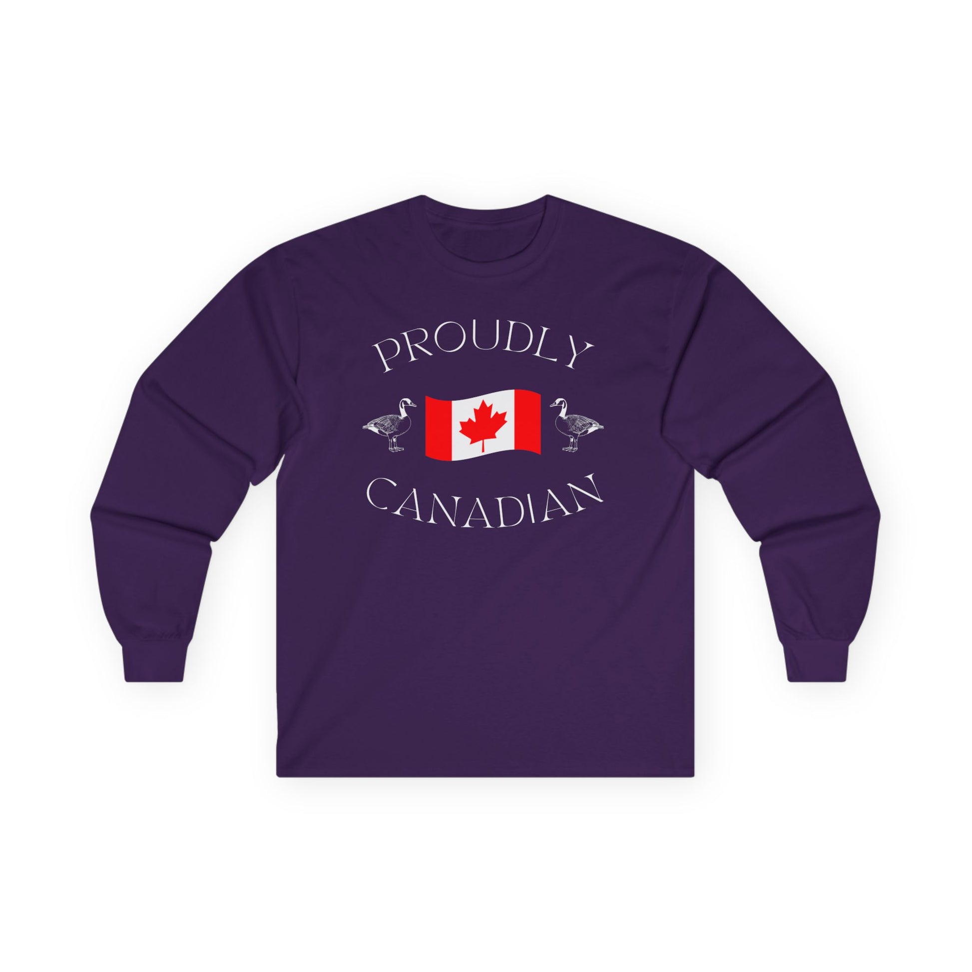 On the front of this Canadian made unisex custom long sleeve t-shirt are the words Proudly Canadian in large font with an image of a Canadian flag in the center, there are two Canadian geese on either side of the flag.