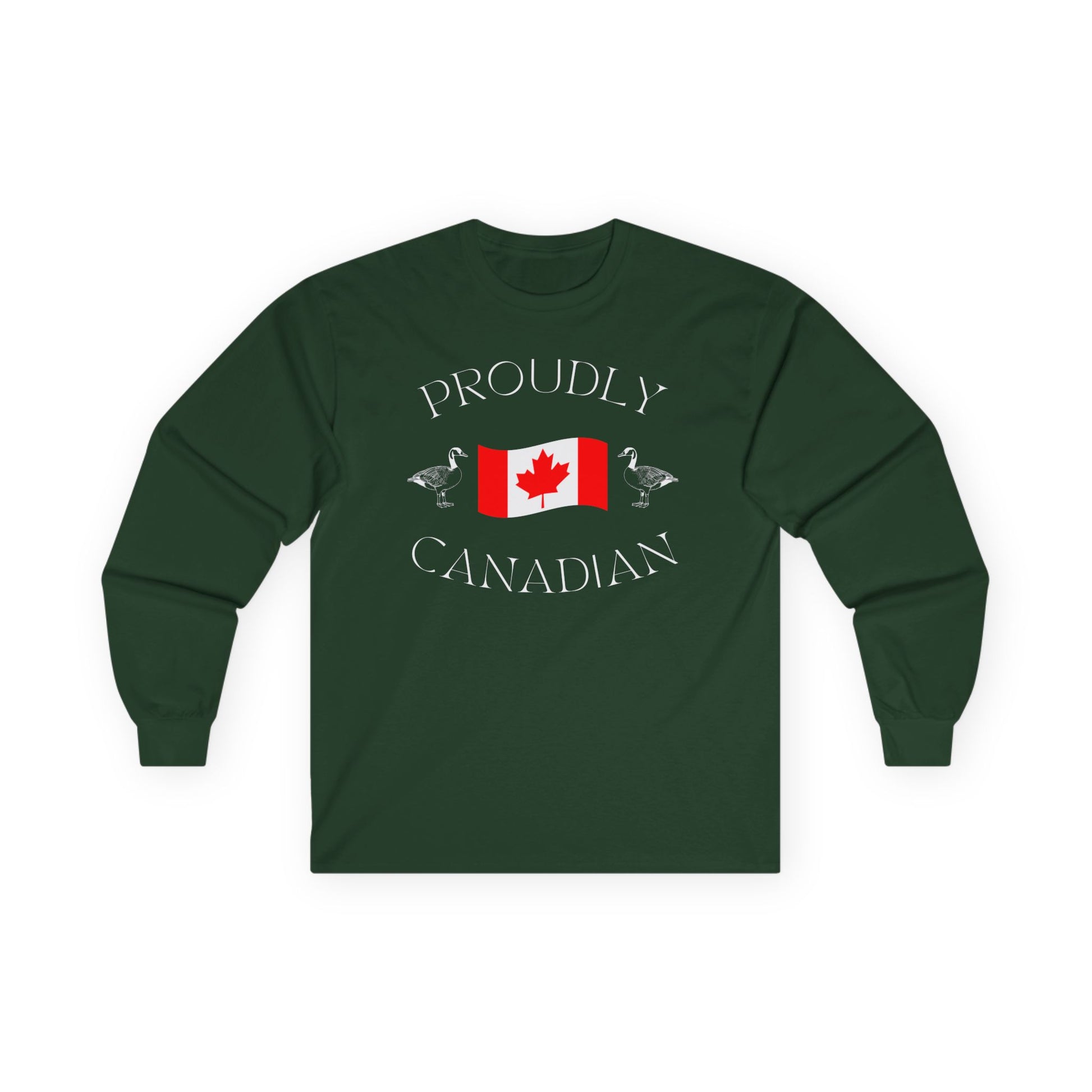 On the front of this Canadian made unisex custom long sleeve t-shirt are the words Proudly Canadian in large font with an image of a Canadian flag in the center, there are two Canadian geese on either side of the flag.