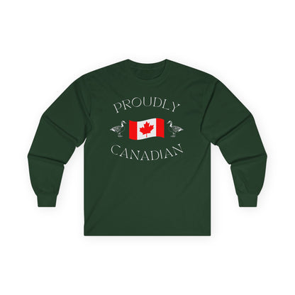 On the front of this Canadian made unisex custom long sleeve t-shirt are the words Proudly Canadian in large font with an image of a Canadian flag in the center, there are two Canadian geese on either side of the flag.