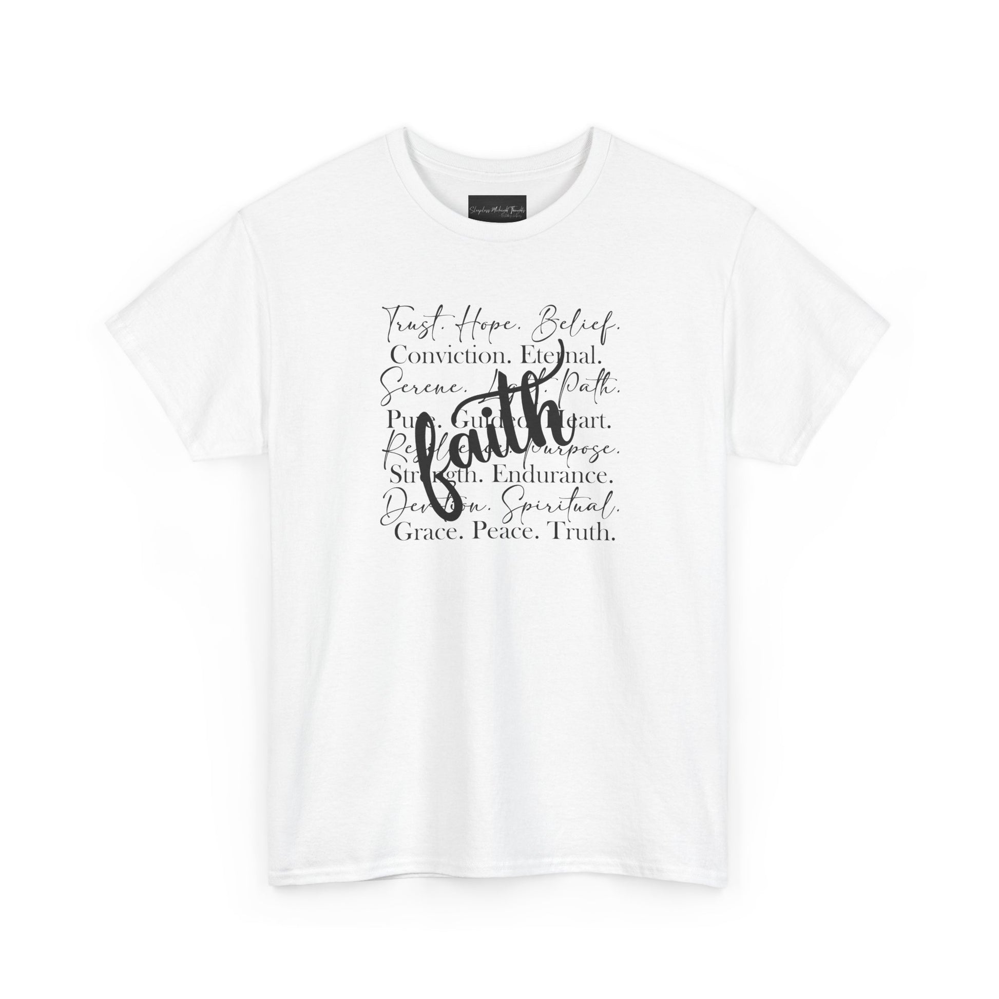 On the front of this custom Christian t-shirt are all the words that represent faith such as grace, conviction, endurance, purpose, trust, hope and many more, the word Faith is superimposed overtop.