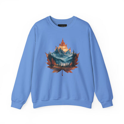 On the front of this Canadian pride sweatshirt is a large maple leaf with the inside of the leaf having a picture of the Rocky Mountains in the fall time.
