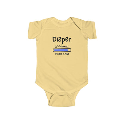 On the front of this custom infant onesie are the words Diaper loading please wait with an image of a battery life bar in baby blue.