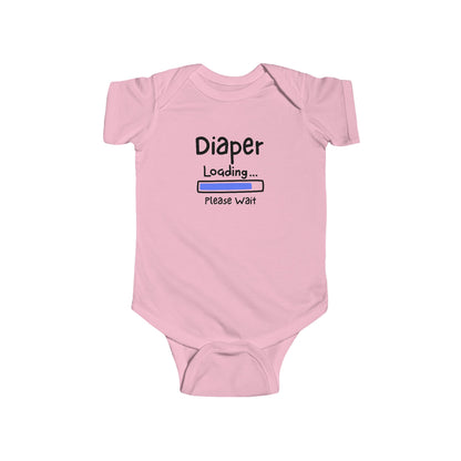 On the front of this custom infant onesie are the words Diaper loading please wait with an image of a battery life bar in baby blue.