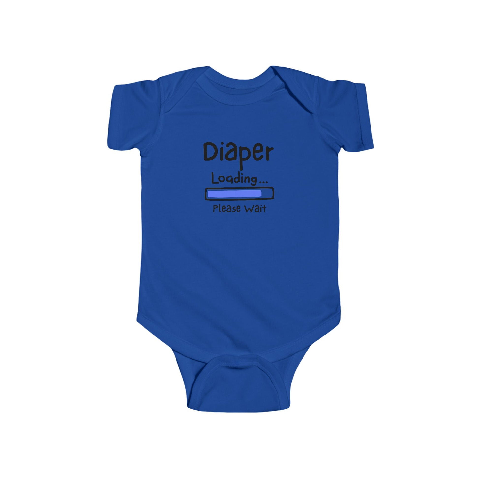 On the front of this custom infant onesie are the words Diaper loading please wait with an image of a battery life bar in baby blue.