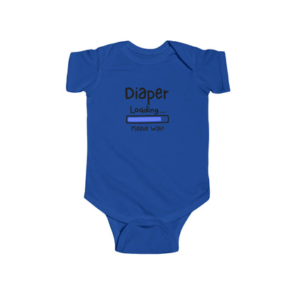 On the front of this custom infant onesie are the words Diaper loading please wait with an image of a battery life bar in baby blue.