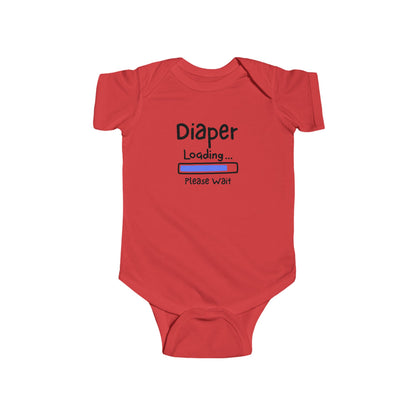 On the front of this custom infant onesie are the words Diaper loading please wait with an image of a battery life bar in baby blue.