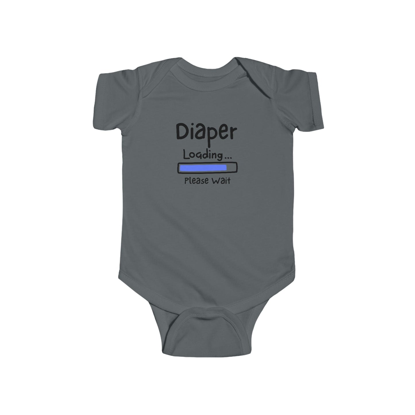 On the front of this custom infant onesie are the words Diaper loading please wait with an image of a battery life bar in baby blue.