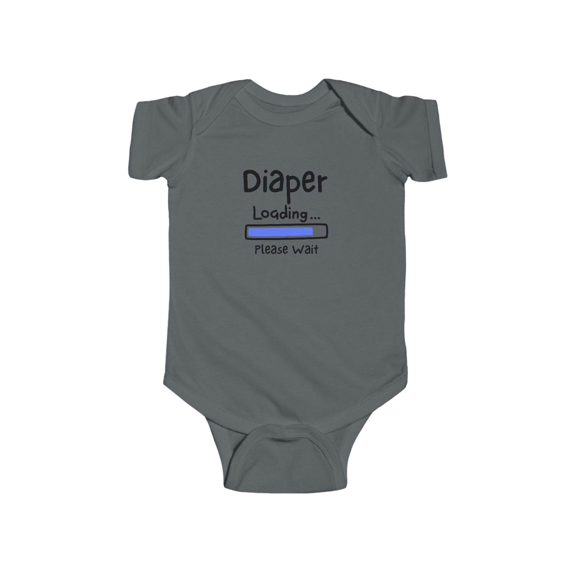 On the front of this custom infant onesie are the words Diaper loading please wait with an image of a battery life bar in baby blue.