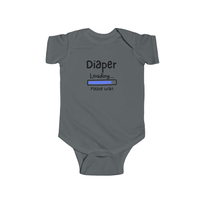 On the front of this custom infant onesie are the words Diaper loading please wait with an image of a battery life bar in baby blue.