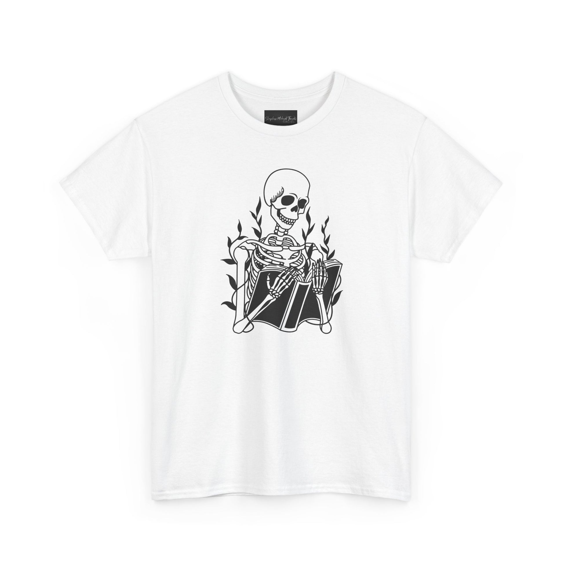 On the front of this custom unisex short sleeve shirt is a large image of a skeleton reading a book, there are vines with leaves on them behind the skeleton.