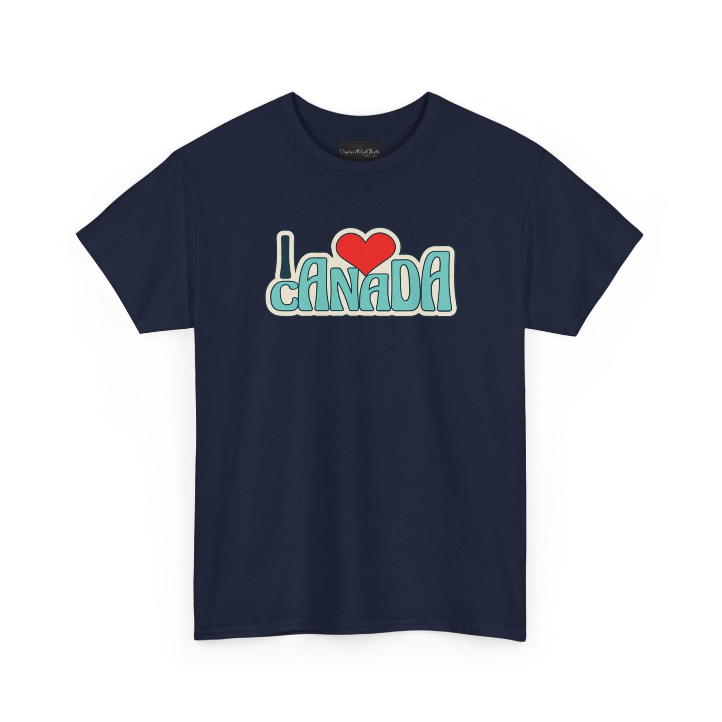 Navy blue t-shirt with 'I ❤️ Canada' text on a white background