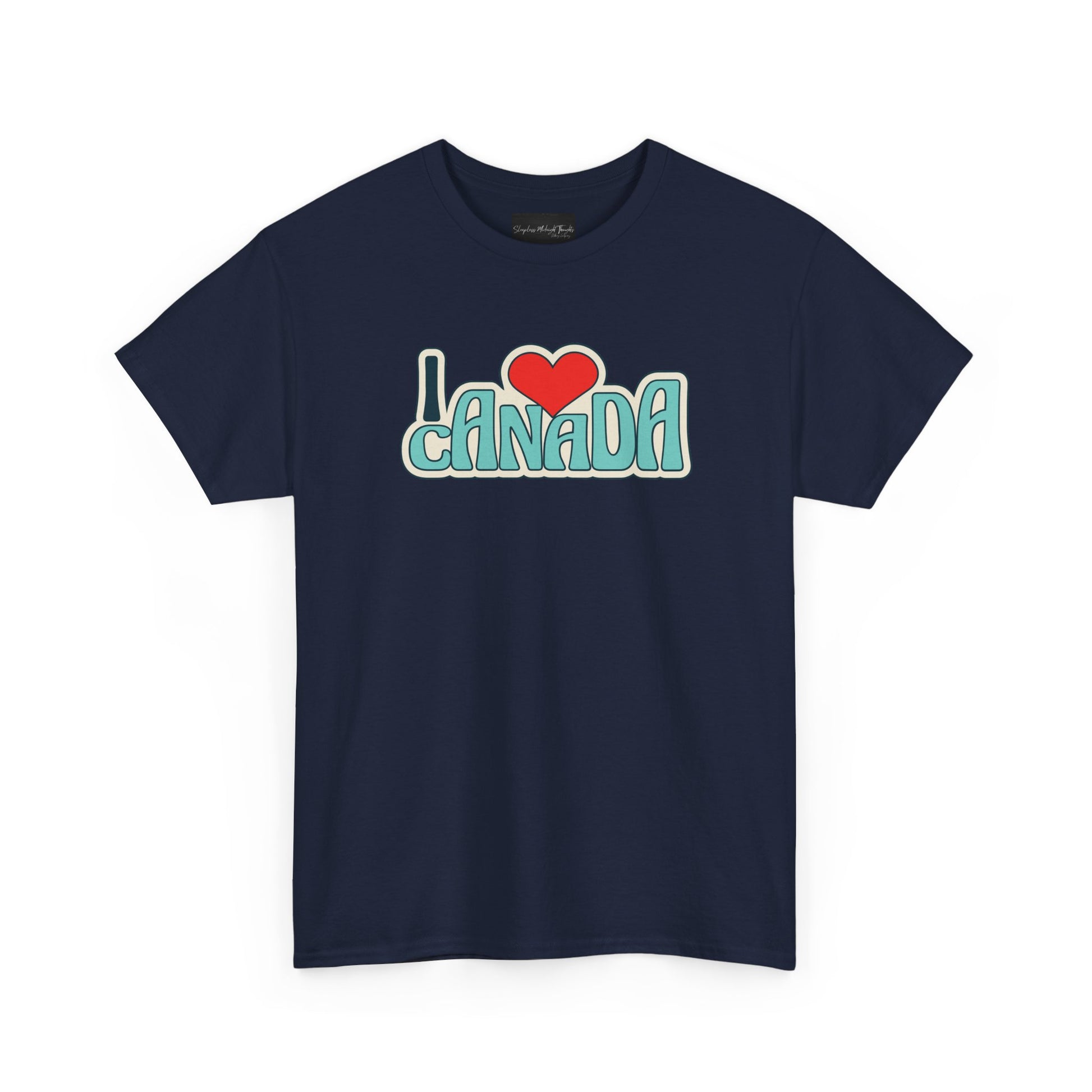 Navy blue t-shirt with 'I ❤️ Canada' text on a white background