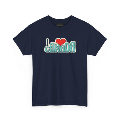 Navy blue t-shirt with 'I ❤️ Canada' text on a white background