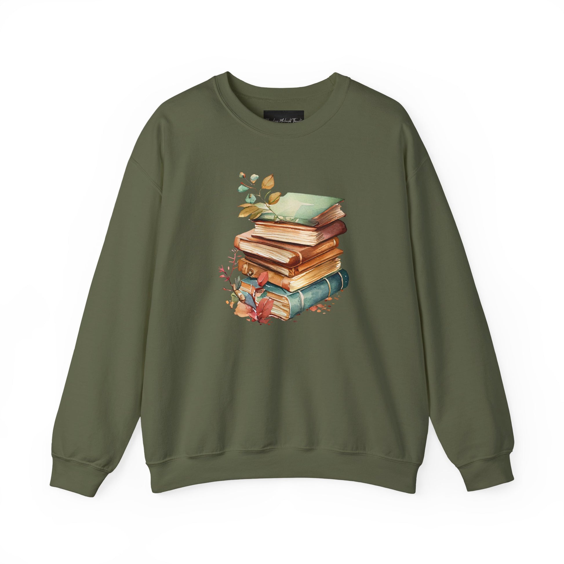 On the front of this custom book lovers sweatshirt is a stack of vintage books with a bunch of wildflowers all around the books.