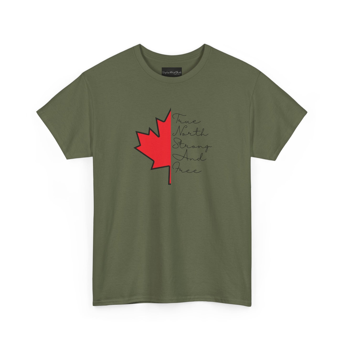 This custom handmade Canadian shirt comes with a maple leaf on the front center of the shirt, the words true north strong and free are in cursive on the other side of the maple leaf.