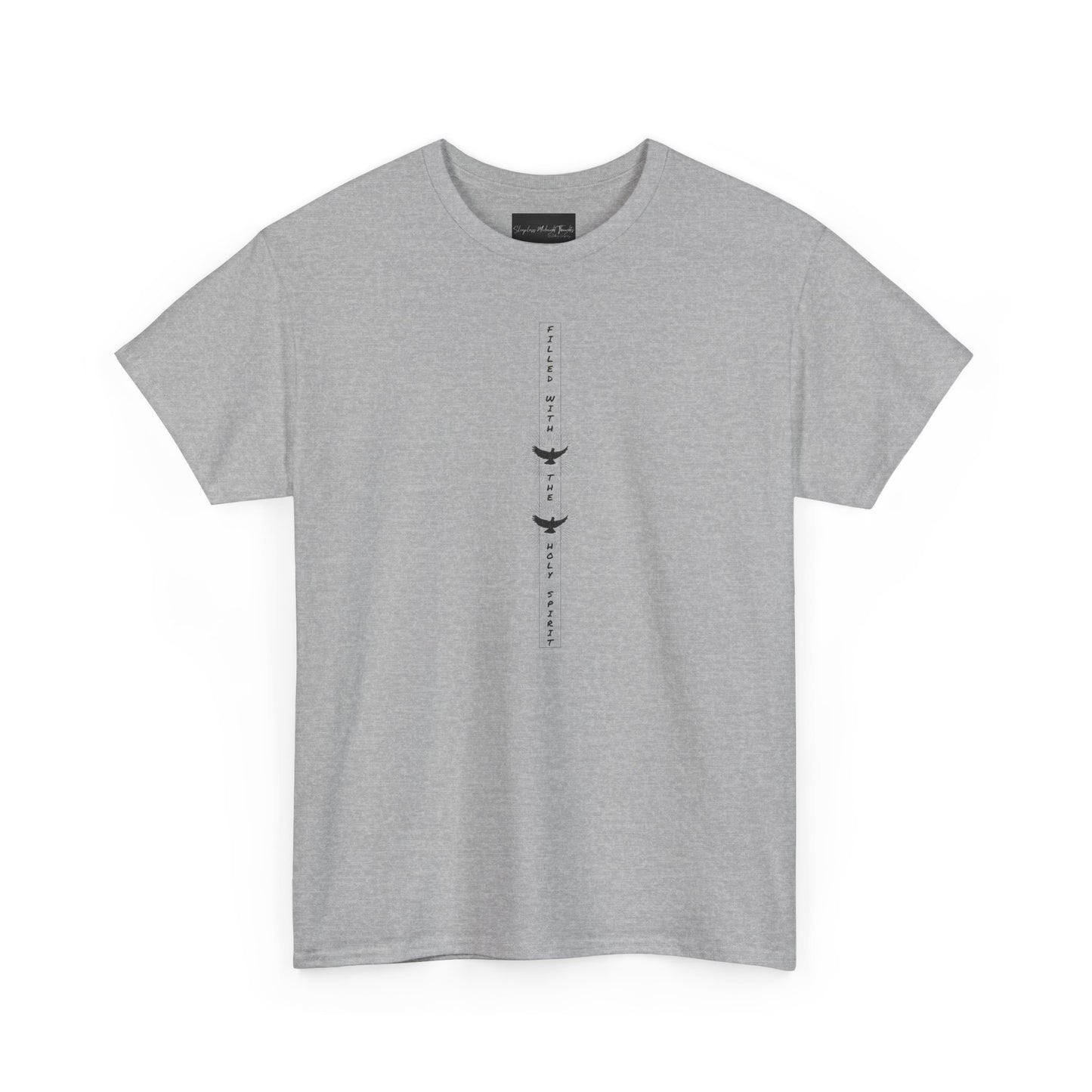 On the front of this custom unisex short sleeve shirt, starting from the neckline horizontally down are the words Filled with the Holy Spirit, there are two doves in-between the words.