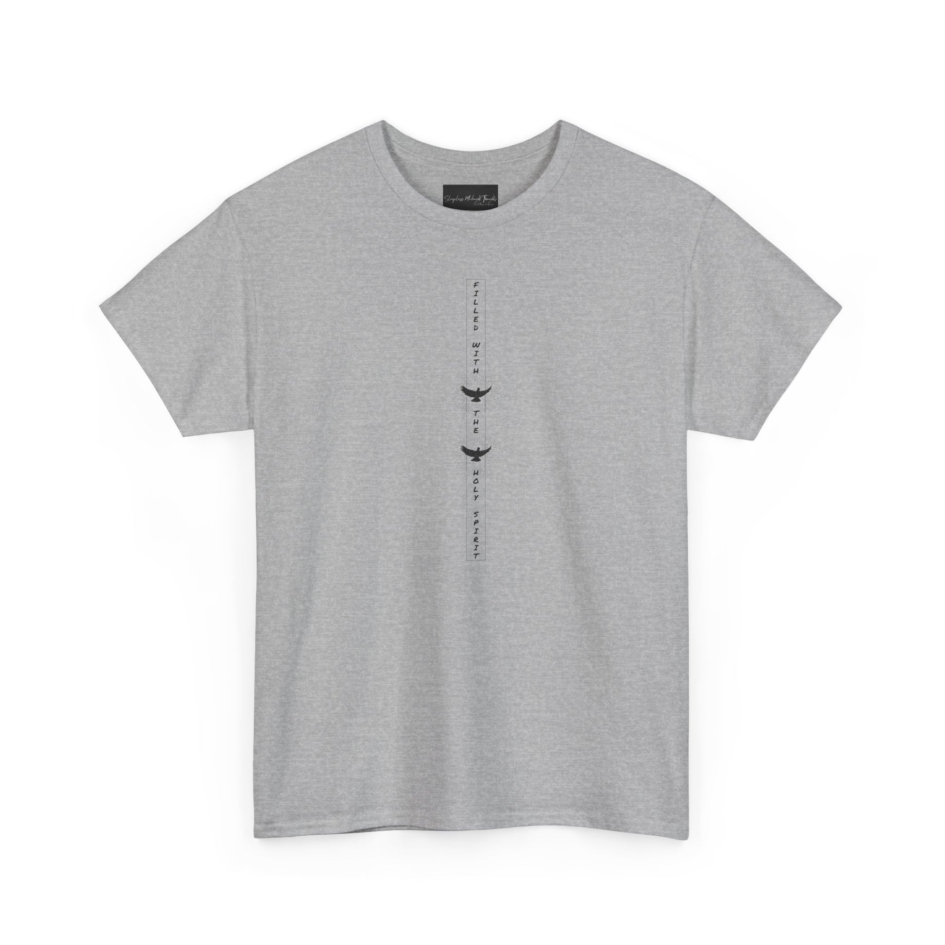 On the front of this custom unisex short sleeve shirt, starting from the neckline horizontally down are the words Filled with the Holy Spirit, there are two doves in-between the words.