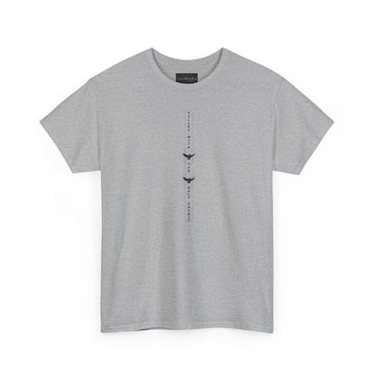 On the front of this custom unisex short sleeve shirt, starting from the neckline horizontally down are the words Filled with the Holy Spirit, there are two doves in-between the words.