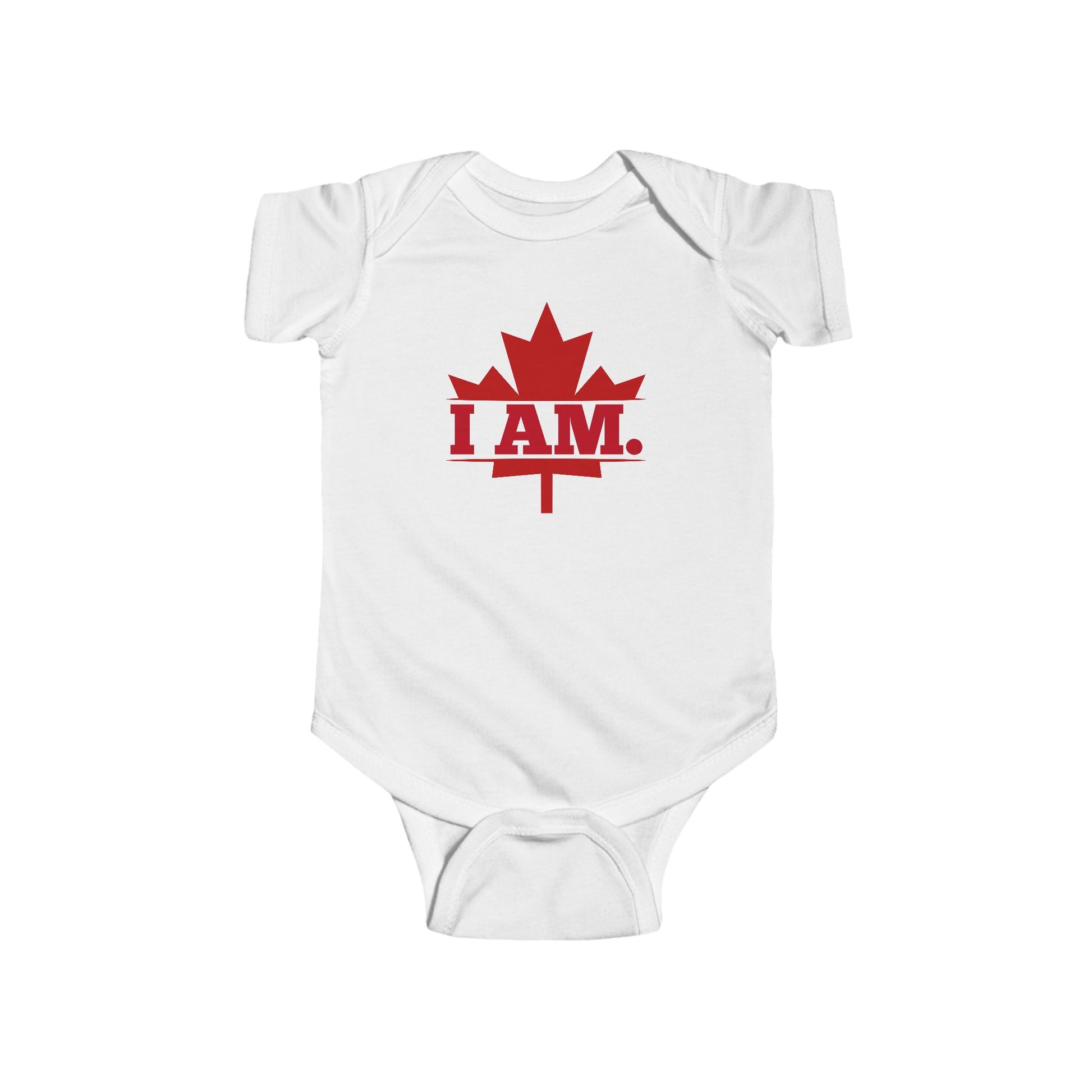 On the front of this custom infant short sleeve onesie is a image of a Canadian Maple leaf with the words I AM in the center of it in large block letters.