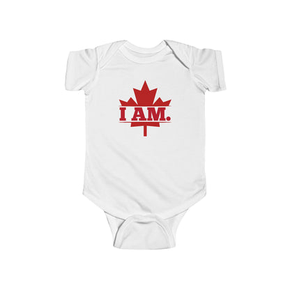 On the front of this custom infant short sleeve onesie is a image of a Canadian Maple leaf with the words I AM in the center of it in large block letters.