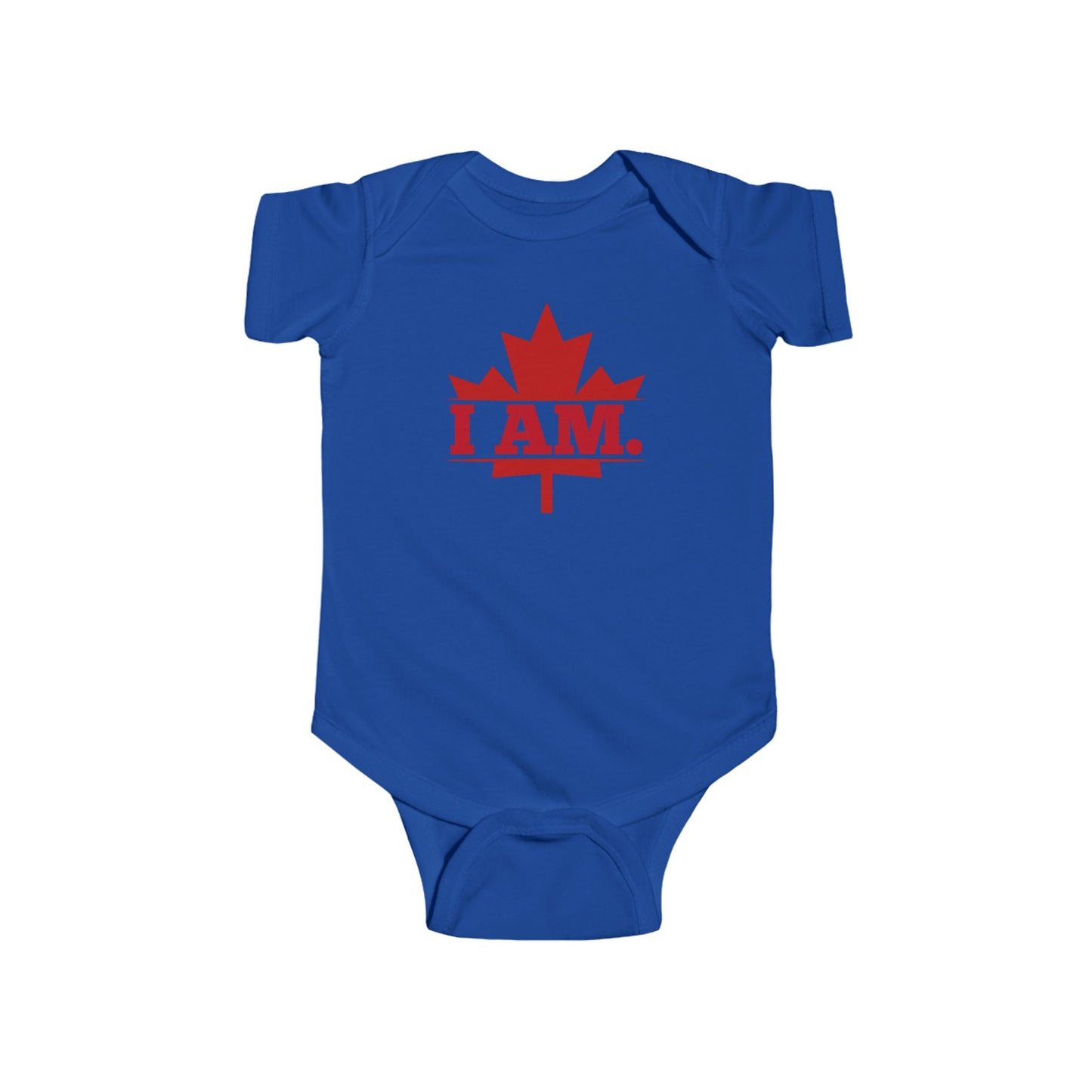 On the front of this custom infant short sleeve onesie is a image of a Canadian Maple leaf with the words I AM in the center of it in large block letters.