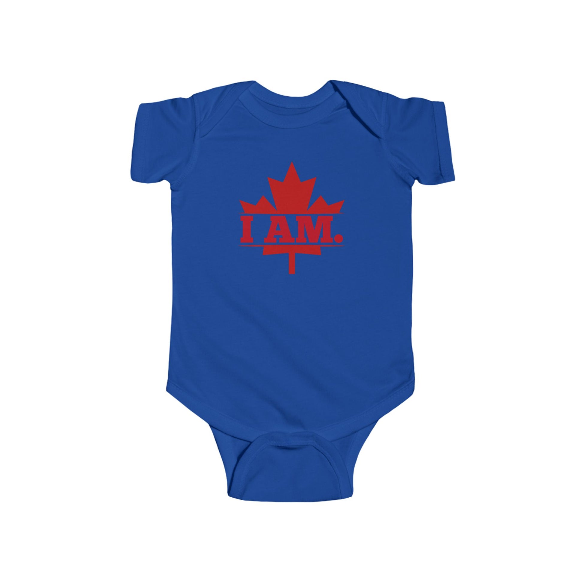 On the front of this custom infant short sleeve onesie is a image of a Canadian Maple leaf with the words I AM in the center of it in large block letters.